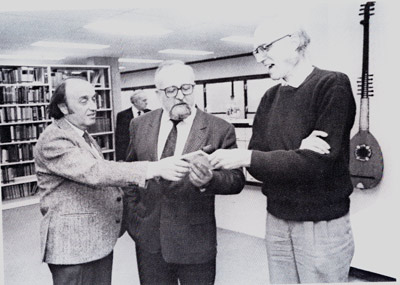 Krzysztof Penderecki with Prof. Mark Kopitman and Claude Abarbanel, founder of the library